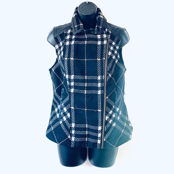 CAbi Jackets & Blazers - Cabi Moto Tweed Plaid Faux Leather Black Vest